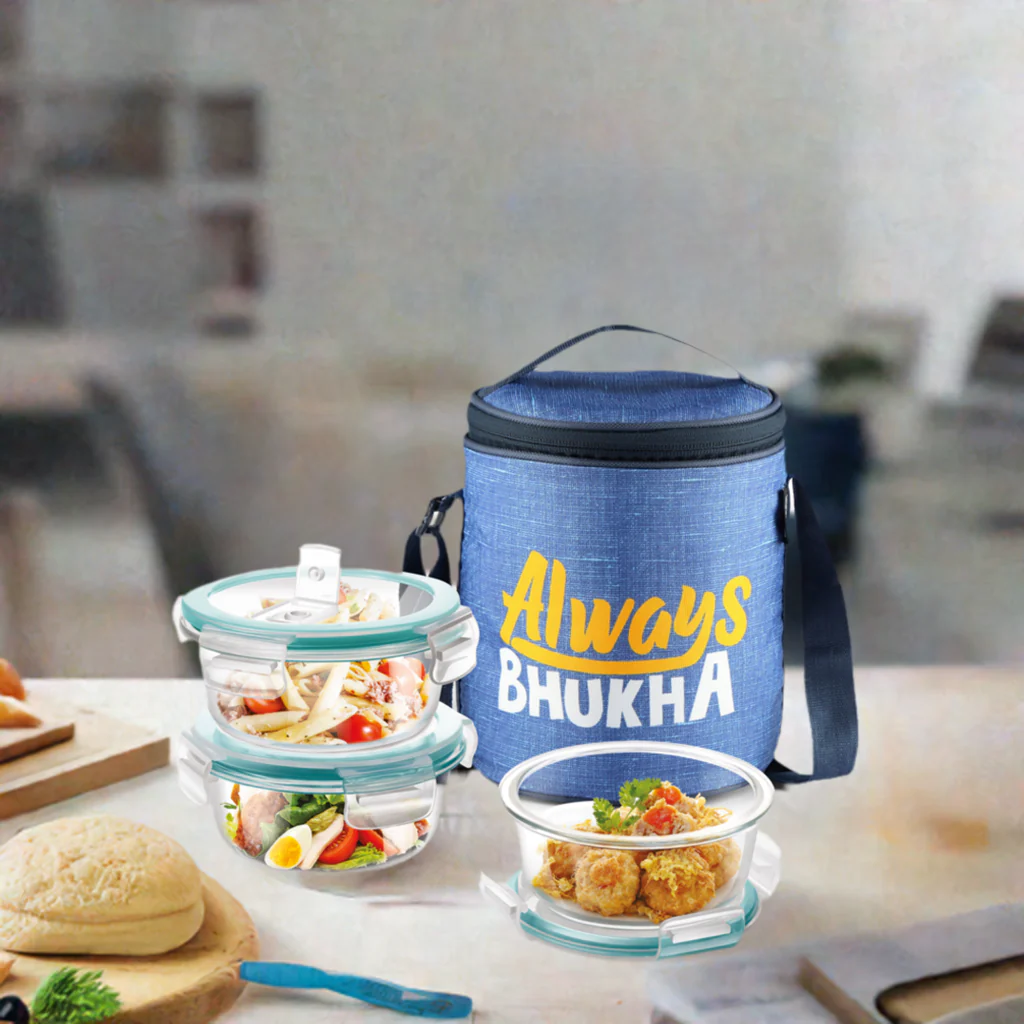 "Always Bhukha" - Glass Tiffin with Printed Jacket (Milton) - Image 3