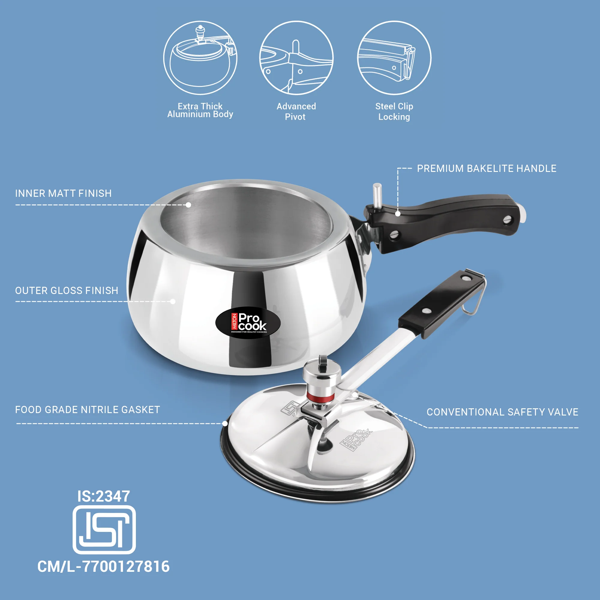Inner Lid Curve Aluminium Induction Pressure Cooker (Milton Procook) - Image 7