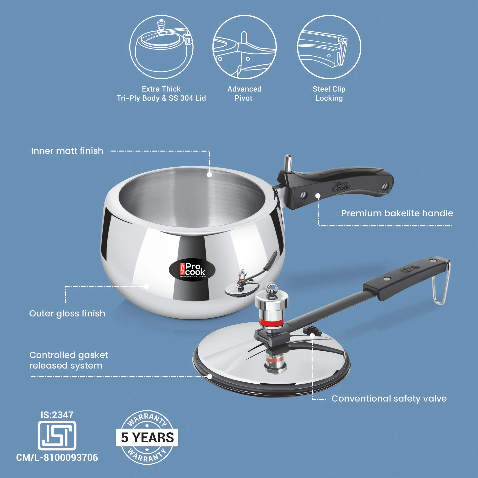 Pressure Cooker Inner Lid Curve Triply (Milton Procook) - Image 7