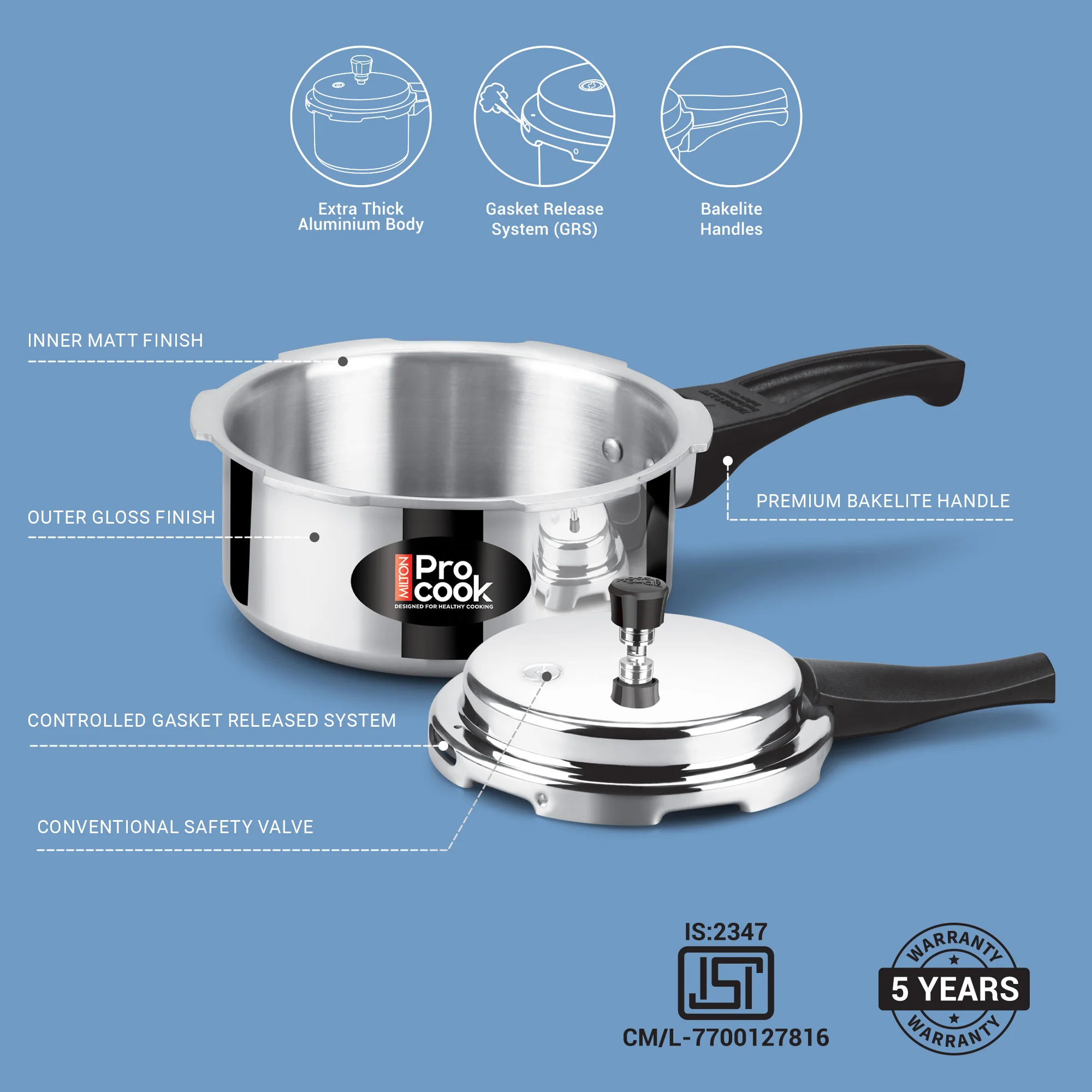 Pressure Cooker Outer Lid Aluminium Non Induction (Milton Procook) - Image 4