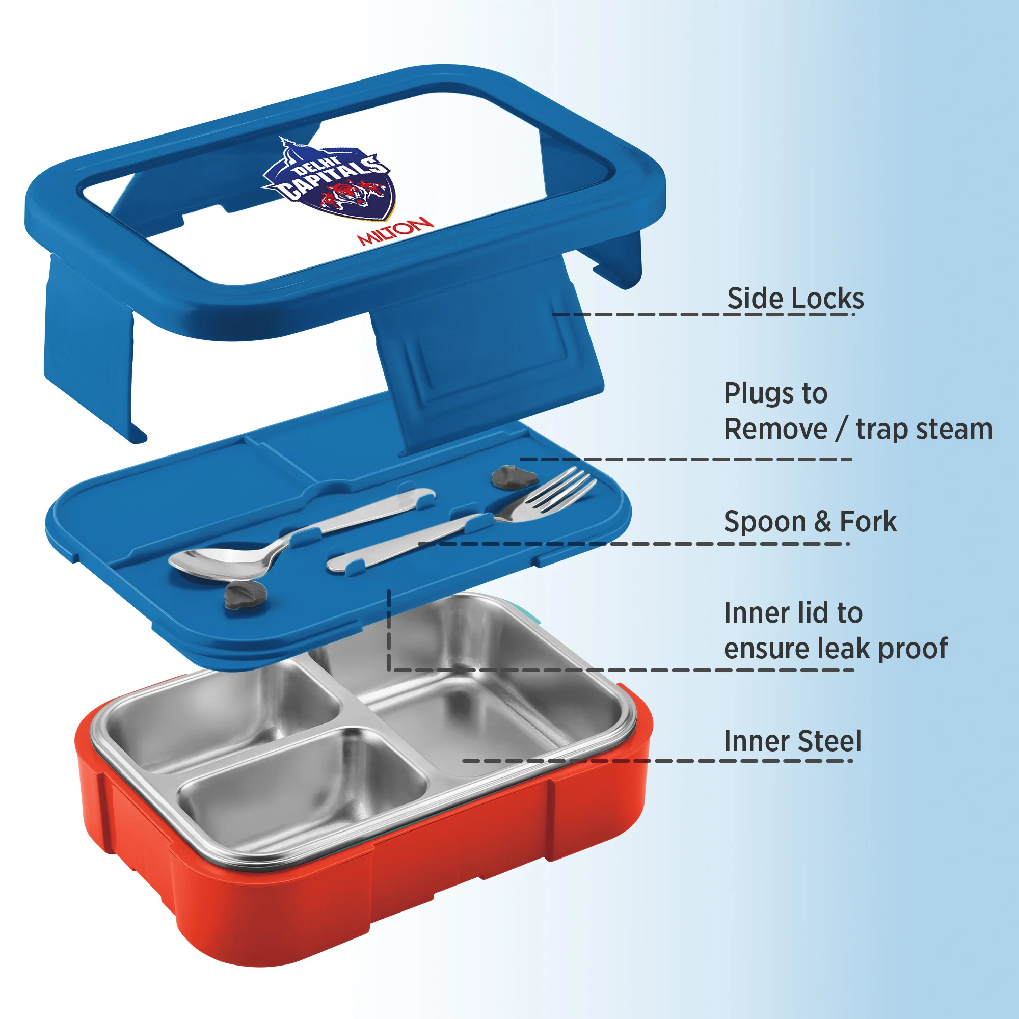 Sports Ethan 3 UV Printing Steel Thermoware Lunchbox - Delhi Capitals (DC) - Milton - Image 4