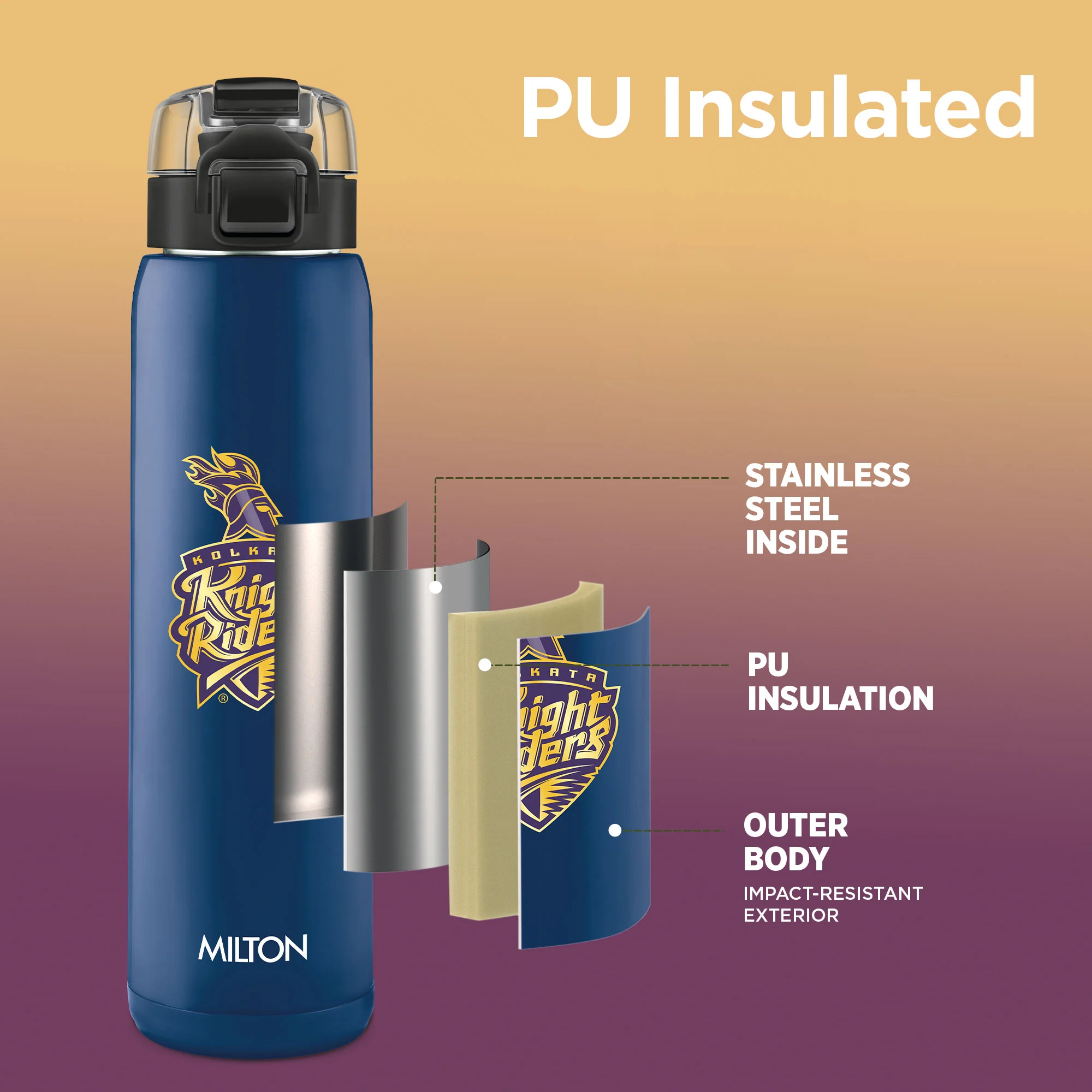 Sports Steel Edge UV Printing Thermoware Bottle With Twin Lid - Kolkata Knight Riders (KKR) - Milton - Image 2