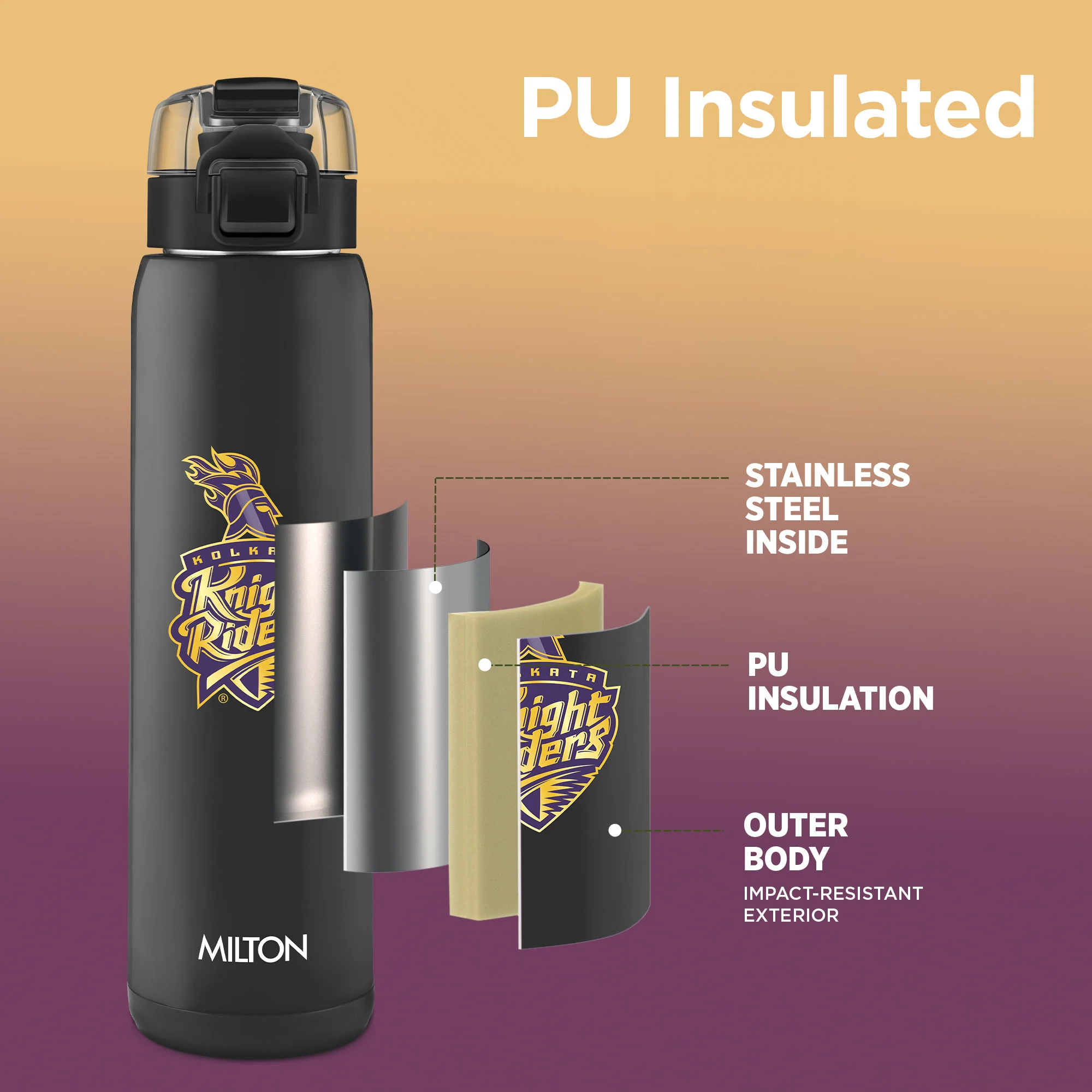 Sports Steel Edge UV Printing Thermoware Bottle With Twin Lid - Kolkata Knight Riders (KKR) - Milton - Image 9
