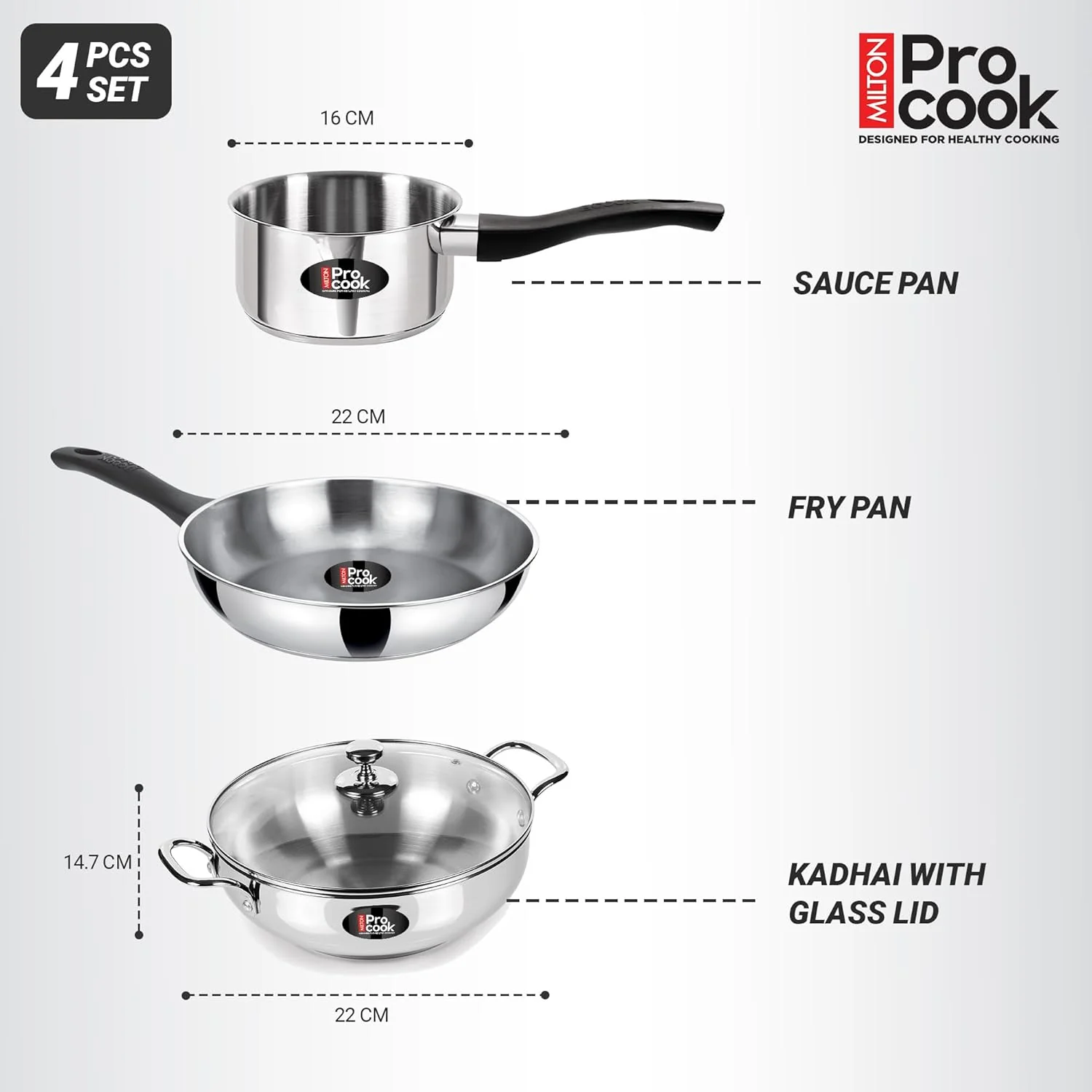 Stainless Steel Sandwich Bottom Induction 4 pcs Kitchen Set (Procook By Milton) - Image 3