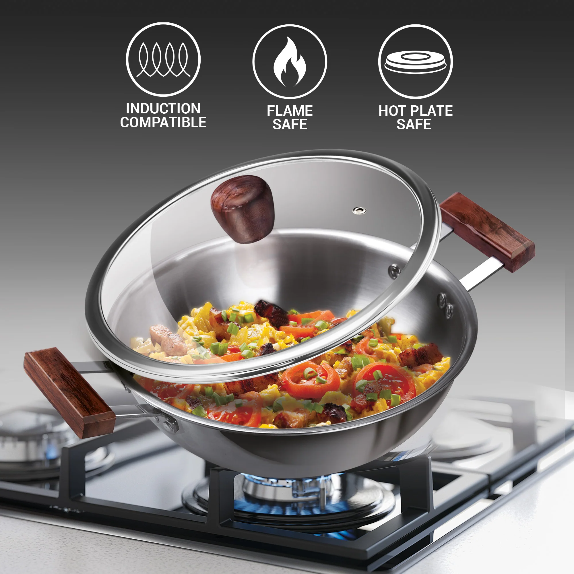 Triply 4Pc Set Sauce Pan/Frying Pan/Kadhai W Gls Lid Wooden Handle (Milton Procook) - Image 3