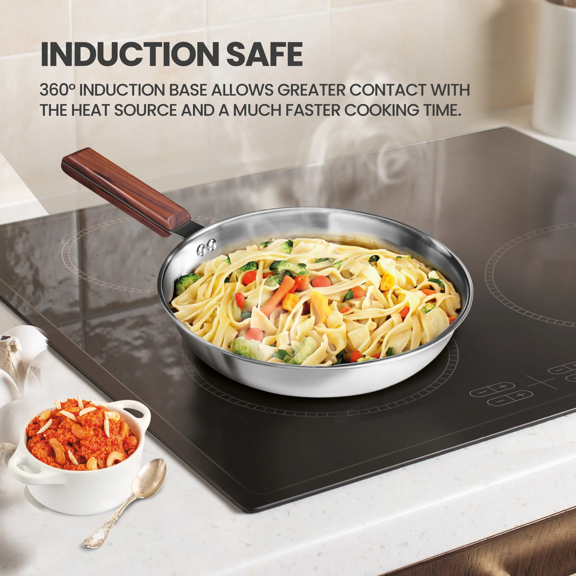 Triply 4Pc Set Sauce Pan/Frying Pan/Kadhai W Gls Lid Wooden Handle (Milton Procook) - Image 5