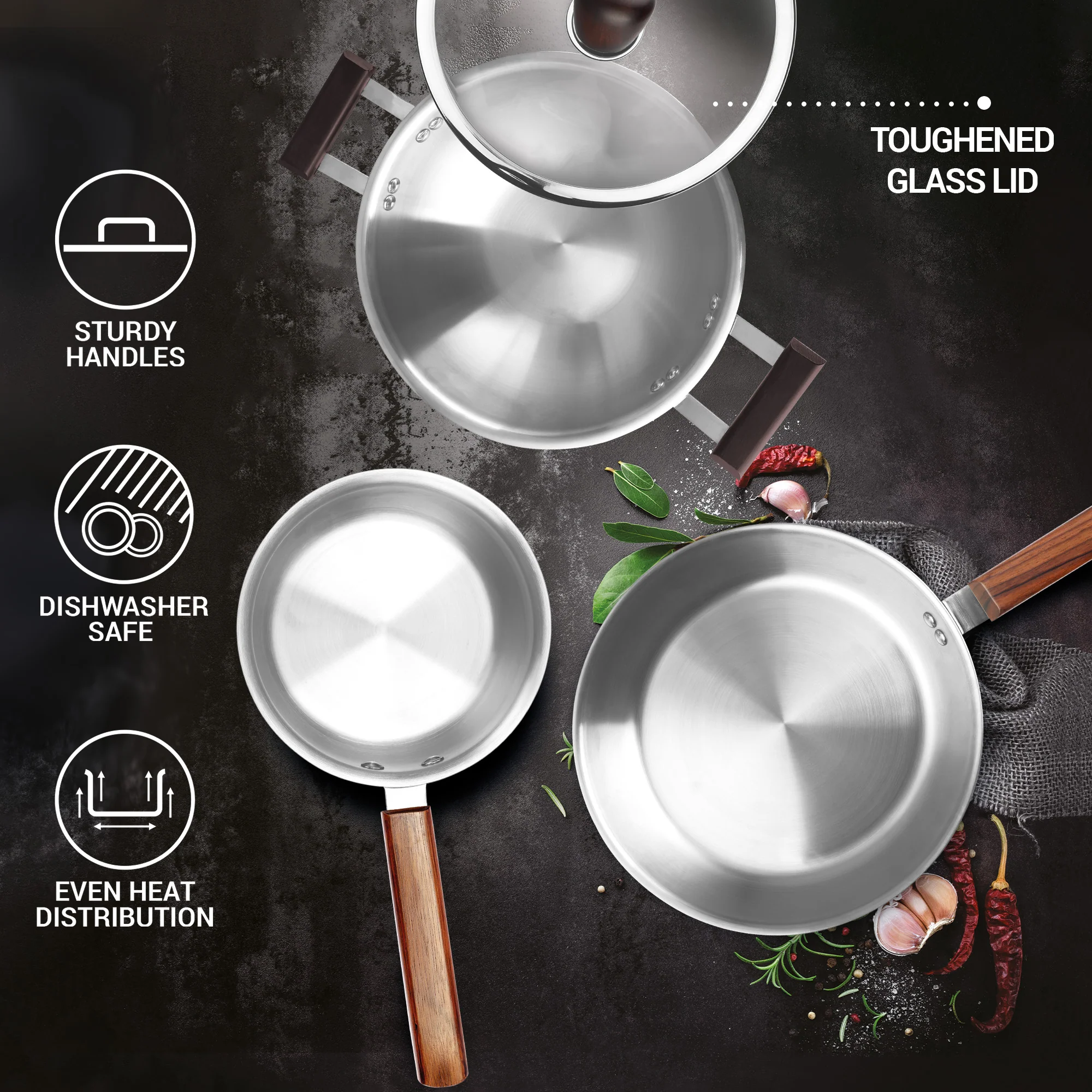 Triply 4Pc Set Sauce Pan/Frying Pan/Kadhai W Gls Lid Wooden Handle (Milton Procook) - Image 7
