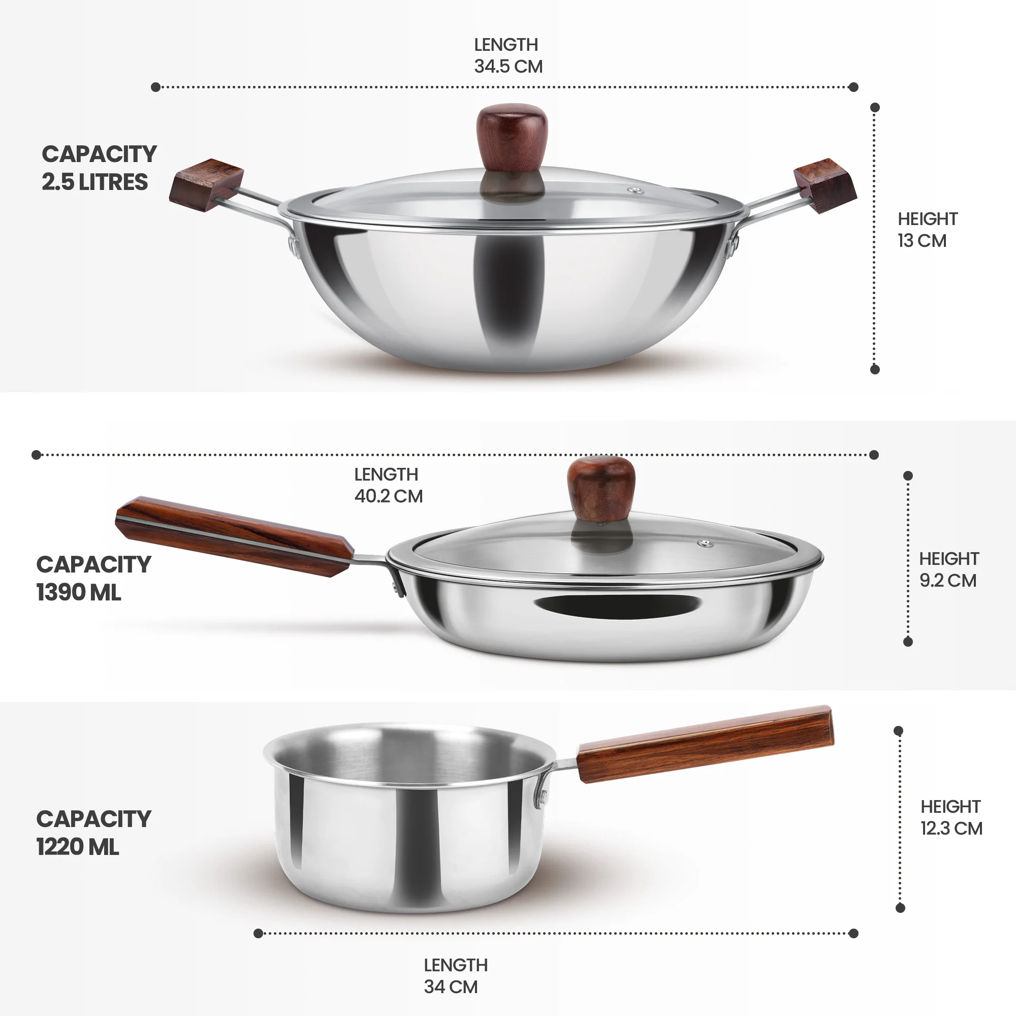 Triply 4Pc Set Sauce Pan/Frying Pan/Kadhai W Gls Lid Wooden Handle (Milton Procook) - Image 8