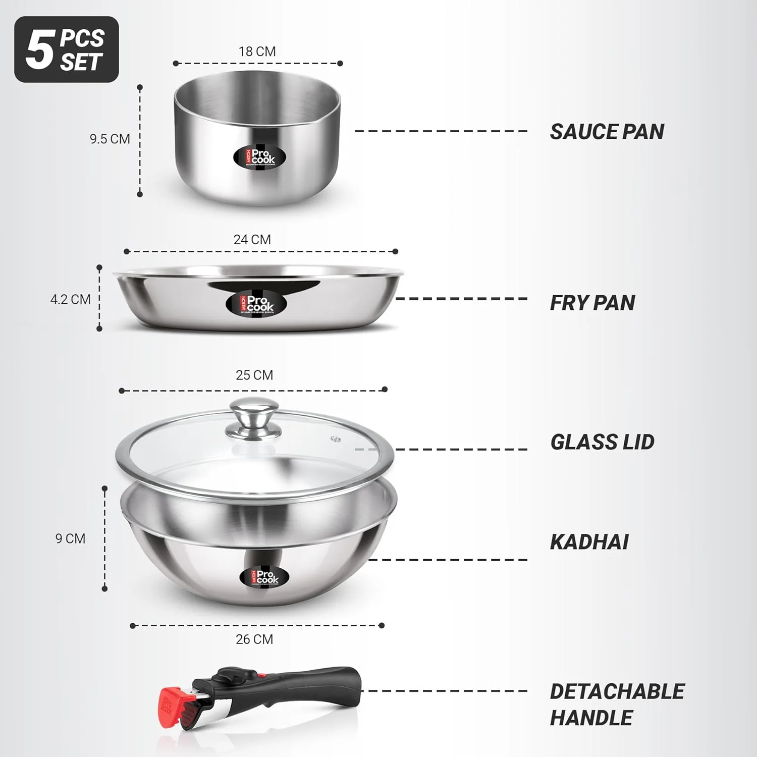 Triply Stainless Steel Cookware Set with Detachable Handle - Image 3