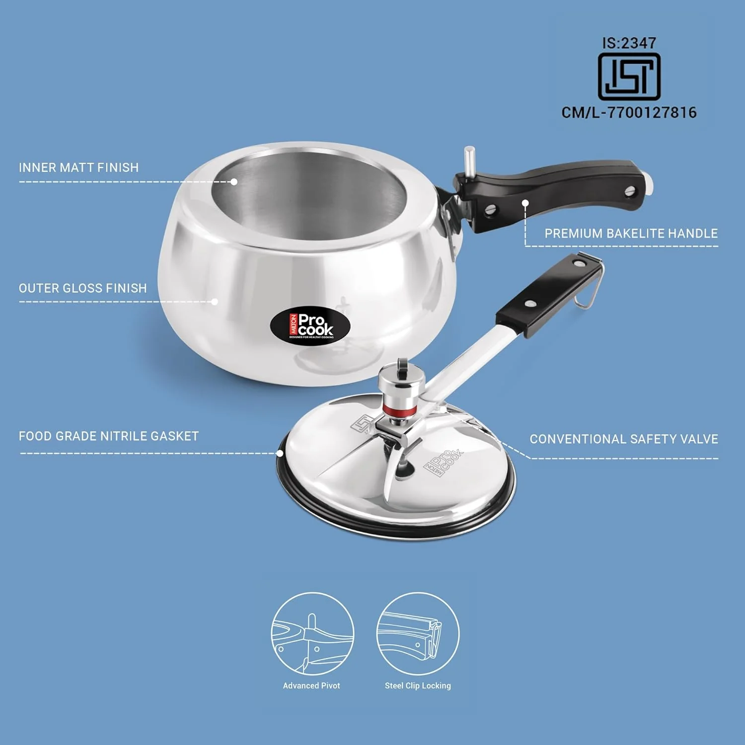 Wide Base Pressure Cooker Inner Lid Aluminium Non Induction (Milton Procook) - Image 5